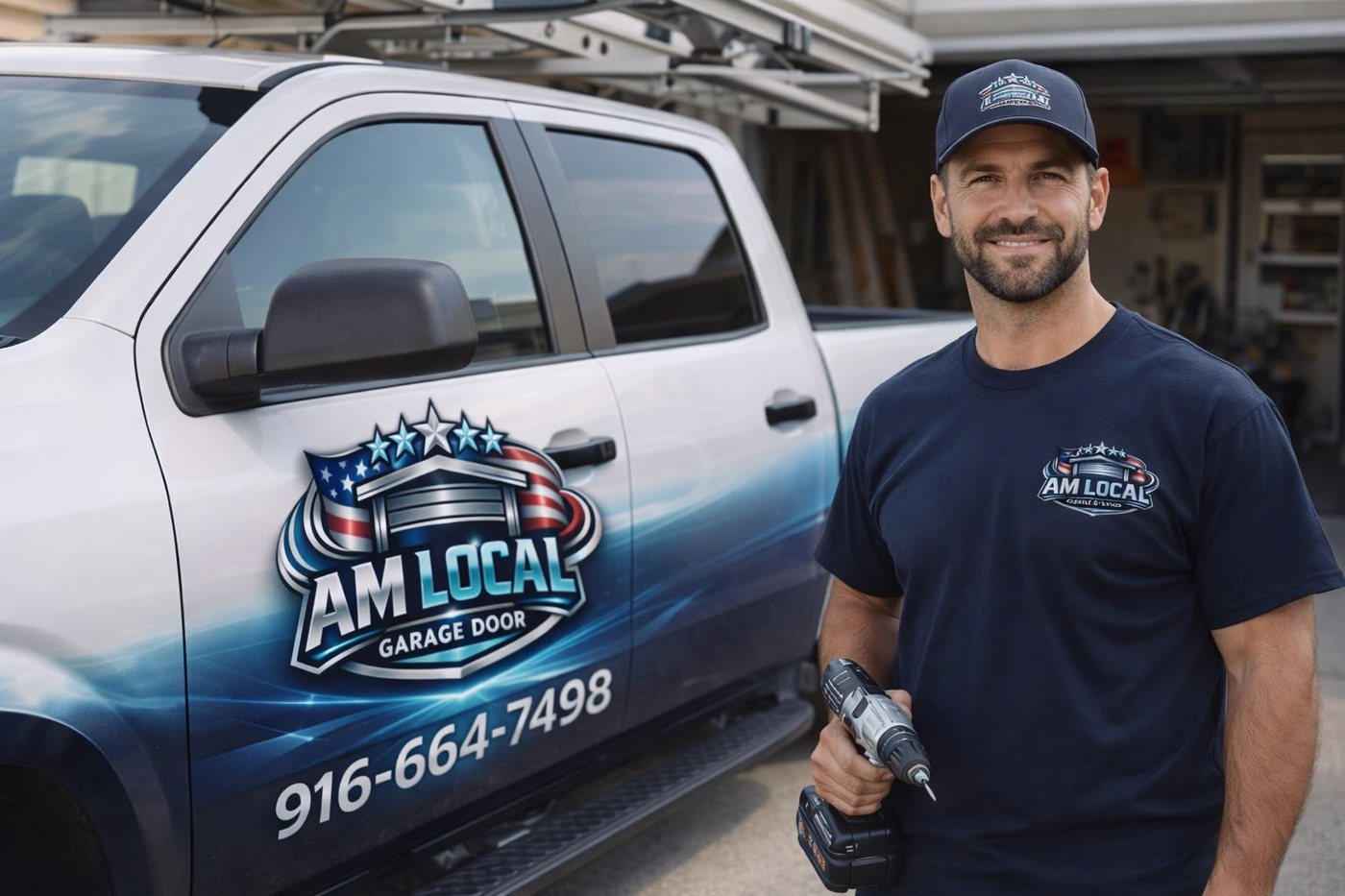 AM Local technician standing beside the company's branded service truck
